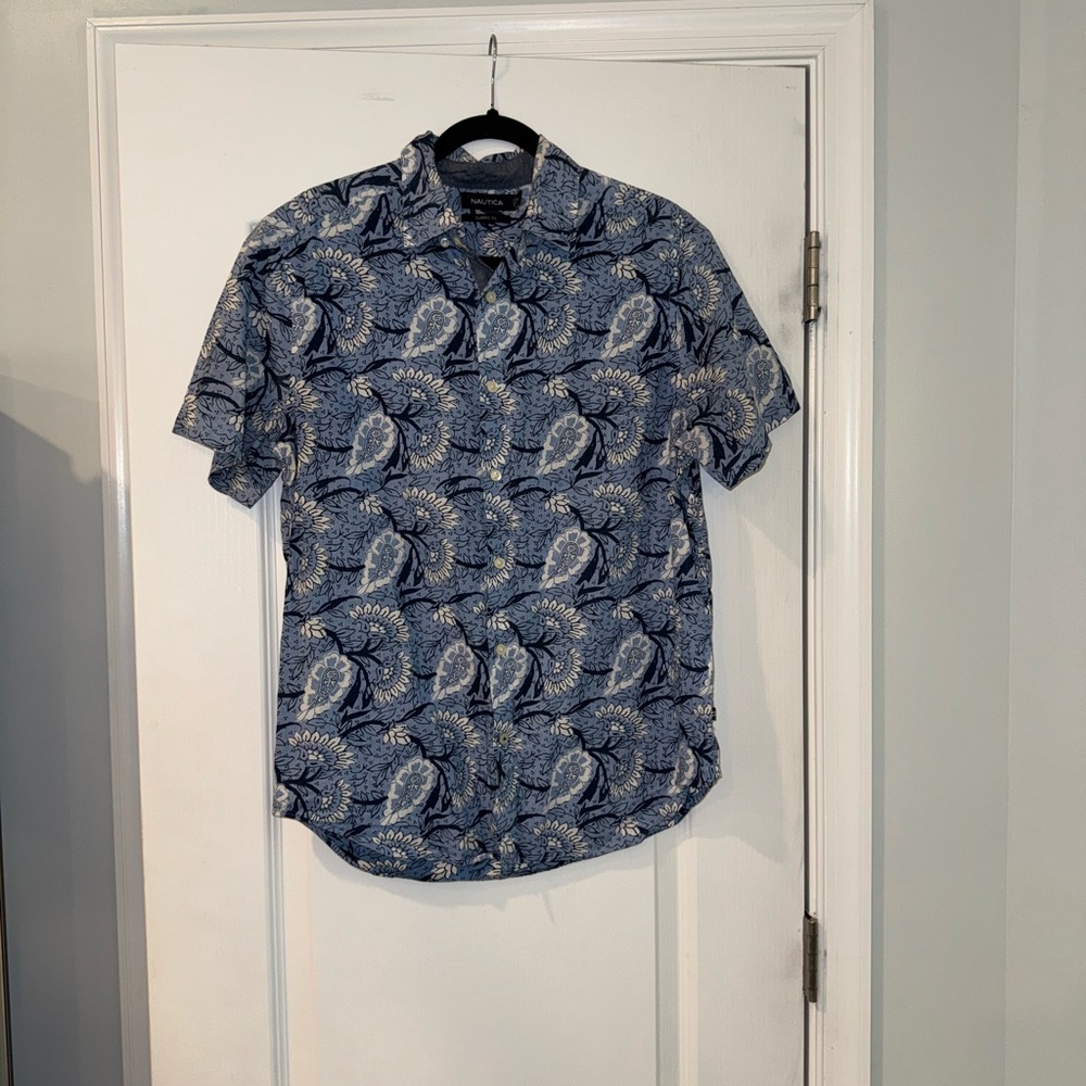 Nautica Blue Casual Button Down Shirt with Paisley Pattern